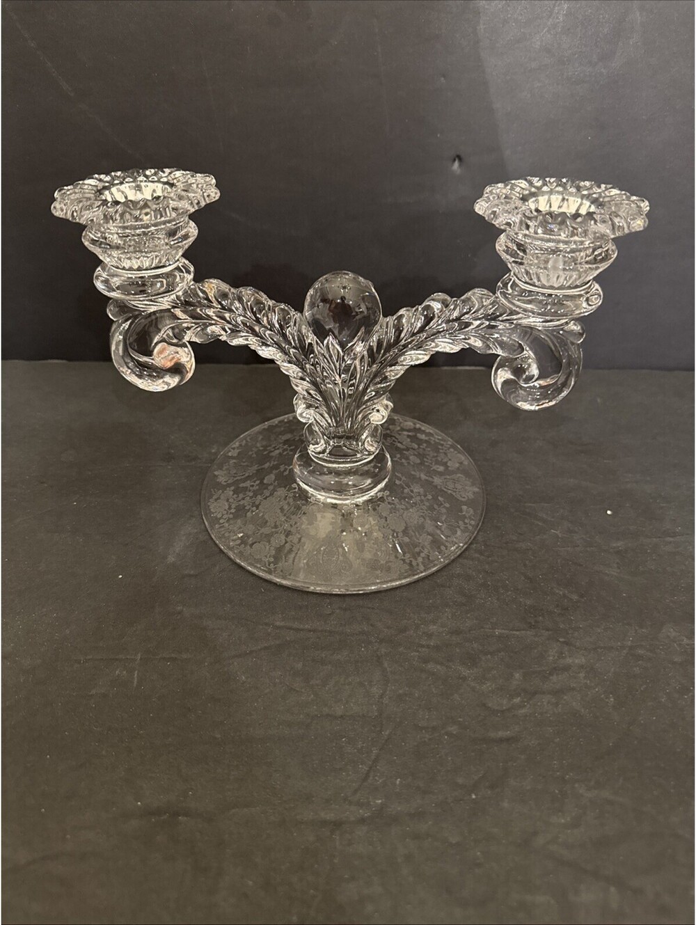 Cambridge Two-Light Candelabra. Martha Blank W Rose Point Etching 5.5” By 7.75”